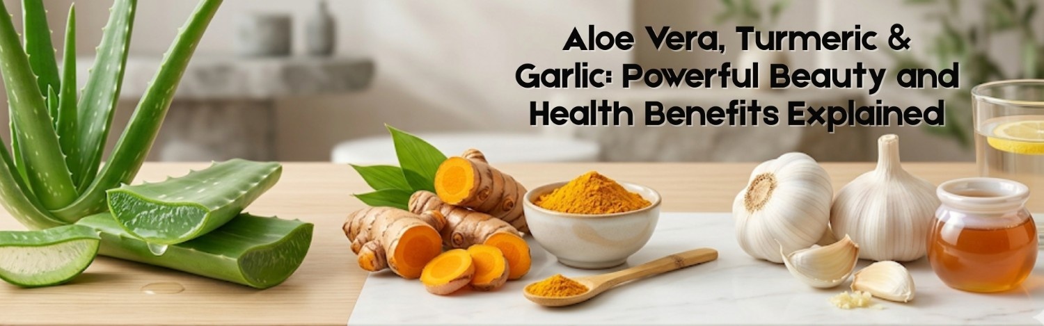 Aloe vera, turmeric, and garlic for natural beauty and skincare.